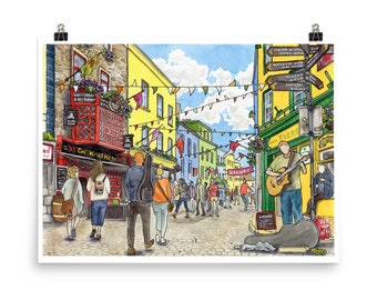 Galway Art Print, The Lively Streets of Galway | Architecture Print, Ireland Art, Framed Watercolour Art Print, Andie Laf Designs