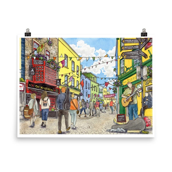 Galway Art Print, The Lively Streets of Galway | Architecture Print, Ireland Art, Framed Watercolour Art Print, Andie Laf Designs