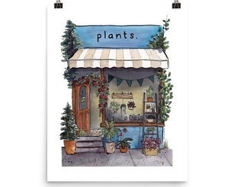 Plant Shoppe Art Print Poster, Cute Shopfront Art  | Framed Giclee Art Print, Watercolour and Ink Home Decor, Andie Laf Designs