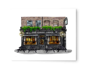 Stampa artistica del pub londinese Queens Larder, illustrazione di Bloomsbury
