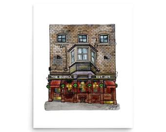 Stampa artistica giclée The Guinea Pub, illustrazione ad acquerello di Mayfair, Londra