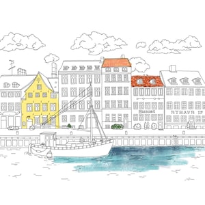 Copenhagen Printable Colouring Sheet for Adult and Kids, Nyhavn Canal in Denmark, Urban Sketching, Instant Download
