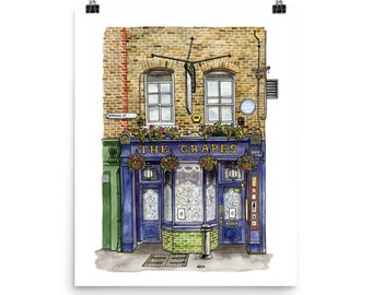 Stampa artistica ad acquerello The Grapes Pub London, Limehouse Giclée