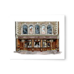 Paard en bruidegom, Fitzrovia London Pub Art | Stedelijke schets ingelijste gicleekunstdruk, VK-Engels Brits aquarel decor illustratie