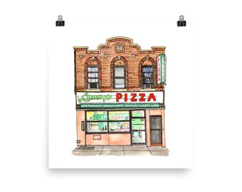 New York Art Print, Lenny's Pizza in Brooklyn, New York | Pizza Art, Framed NY Watercolour Art Print, Andie Laf Designs