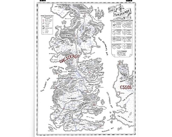 Game of Thrones Map, Westeros Fan Art Giclée Watercolour and Ink Fantasy Art Print, Essos, Gift for Book Lovers, Game Room Wall Decor