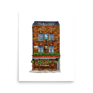 May include: A watercolor illustration of a brick building with a pub sign that reads "Lamb & Flag". The building has a red door and windows with green plants hanging from the windows.