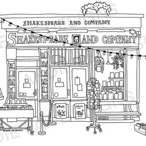 Paris Printable Colouring Sheet for Adult and Kids, Shakespeare and Company Paris Bookshop, Urban Sketching, Instant Download image 2