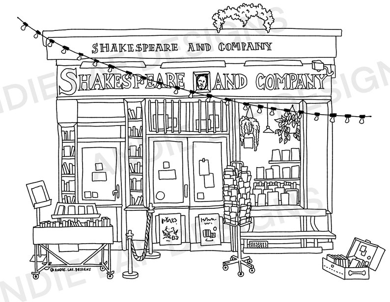 Paris Printable Colouring Sheet for Adult and Kids, Shakespeare and Company Paris Bookshop, Urban Sketching, Instant Download image 2