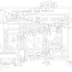 Paris Printable Colouring Sheet for Adult and Kids, Shakespeare and Company Paris Bookshop, Urban Sketching, Instant Download image 3