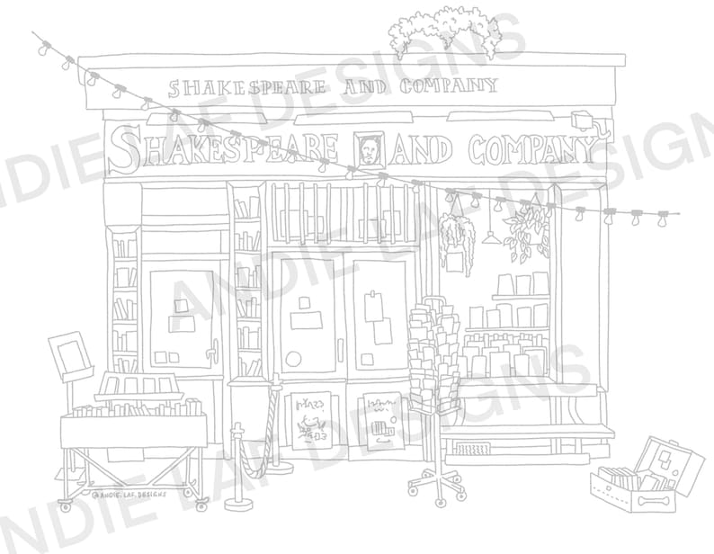 Paris Printable Colouring Sheet for Adult and Kids, Shakespeare and Company Paris Bookshop, Urban Sketching, Instant Download image 3