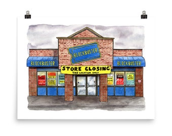 May include: A watercolor painting of a brick building with a blue awning that reads "Blockbuster". The building has a yellow sign that reads "Store Closing This Location Only". There are several signs in the windows with sale information.
