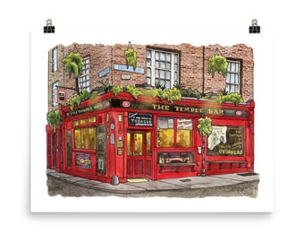 Lámina artística de Temple Bar, Dublín, acuarela de pub irlandés, giclée enmarcada