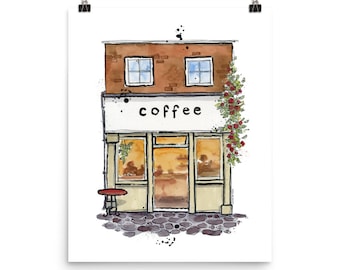 Coffee Shop Cafe Art, Cute Gift for Coffee Lover | Framed Giclee Art Print, Watercolour and Ink Home Decor, Andie Laf Designs