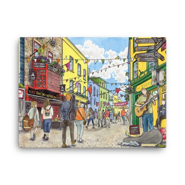 CANVAS The Lively Streets of Galway | Watercolour Canvas Art Print, Andie Laf Designs