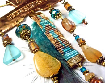 Ethnic bronze necklace, woven beads, feathers, stones, gems and glass, blue, turquoise, beige
