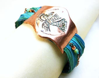 Copper cuff and pleated silk ethnic Native American bracelet