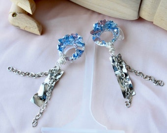 Geometric dangle earrings - handmade glass earrings - blue and silver dangle earrings -