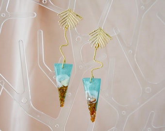 Sparkle sand gold and blue beach resin earrings, light weight dangle ocean earrings