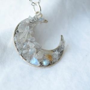Labradorite chips moon necklace • half-moon charm necklace • silver moon and labradorite stone
