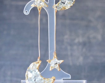 moon and star dangle earrings - handmade glass earrings - clear and gold dangle earrings -