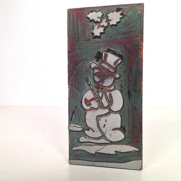 vintage snowman hand carved linocut stamp