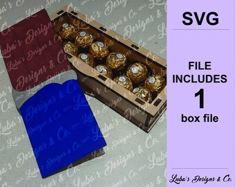 May include: SVG file for a chocolate box with a lid. The box is made of wood and has a brown stain. The lid is blue with a white border. The box is designed to hold a row of chocolate candies.