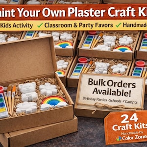 May include: Paint your own plaster craft kits. Each kit includes plaster figures, paint, and brushes. The kits feature a bear, flower, and rainbow. The boxes are brown and include the text "Fun Kids Activity", "Classroom & Party Favors", and "Handmade & Ready-to-Go".