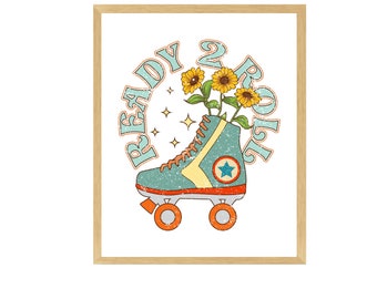 Roller Skate Retro Print Vintage Style Art Sunflowers Ready to Roll