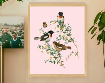 Birds with Flowers & Butterfly 8x10 Nature Vintage Style Print 3 Color Options