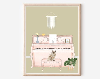 Pastel Light Pink Piano Art Print with Cat Boho Daisy Art Eclectic Art Cute Art Print Versatile Art
