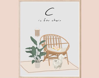 Boho Baby's Room Print Boho Art Print for Nursery Bohemian Rattan Chair Cat Plant Daisy Books Retro Style Art 11x14