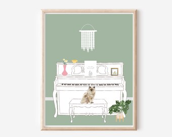 White Piano Art Print with Cat Boho Daisy Art Eclectic Art Cute Art Print Versatile Art