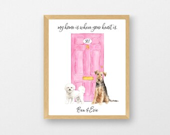 Personalized Door Print House Print Home and Dog and Cat Art Print Custom Colors