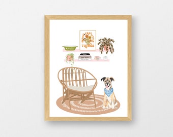 Cozy Corner Shelves and Dog Art Print Pyrex Retro  Art Cute Eclectic Art Print