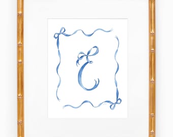 Blue Ribbons and Bows Monogram Watercolor Art Print; Hand Painted Wall Art; Monogram Art Print; Nursery Art Print