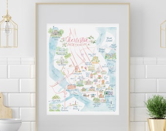 Charleston Map Art Print; Hand Painted Wall Art; Map Design; Charleston Decor; Watercolor Art Print