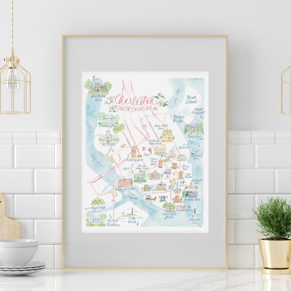 Charleston Map Art Print; Hand Painted Wall Art; Map Design; Charleston Decor; Watercolor Art Print