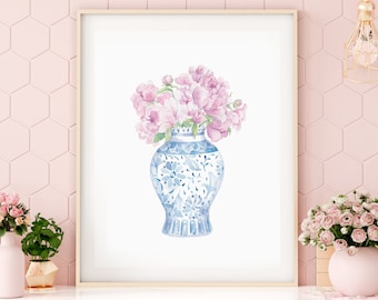 Ginger Jar with Peonies Art Print; Watercolor Wall Art; Floral Design; Grandmillenial Decor