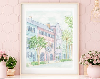 Rainbow Row Charleston Watercolor Art Print; Hand Painted Wall Art; Grandmillenial Decor