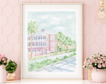 The Battery Charleston Watercolor Art Print; Hand Painted Wall Art; Cityscape Design; Grandmillenial Decor