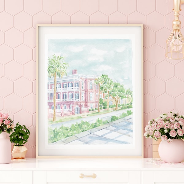 The Battery Charleston Watercolor Art Print; Hand Painted Wall Art; Cityscape Design; Grandmillenial Decor