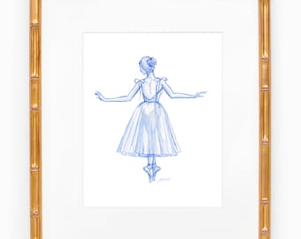 Ballerina en Pointe Watercolor Art Print; Watercolor Wall Art; Christmas Art; Grandmillennial Decor; Ballerina Art (Blue & Pink Available)
