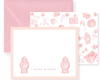 Pink Ginger Jars Toile Personalized Stationery Set; Stationery Paper; Stationery Personalized; Stationery Sets For Letter Writing
