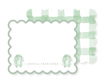 Green and White Bunny Personalized Stationery Set; Stationery Personalized; Stationery Sets For Letter Writing; Scalloped Stationery