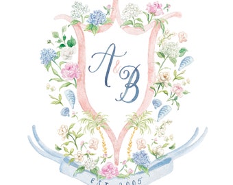 Coastal Garden Party Personalized Watercolor Crest, Wedding Crest, Crest with Monogram, Floral Crest, Wedding Art, Wedding Invitations Art