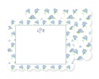 Blue Hydrangea Patterned Personalized Scalloped Stationery Set; Watercolor Stationery; Customizable Stationery; Scalloped Edge Stationery