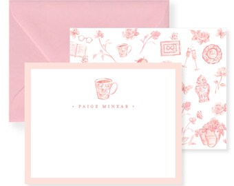 Pink Coffee Cup Toile Personalized Stationery Set; Stationery Paper; Stationery Personalized; Stationery Sets For Letter Writing