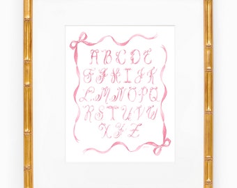 Pink Ribbons and Bows Alphabet Watercolor Art Print; Hand Painted Wall Art; Alphabet Art Print; Nursery Art Print