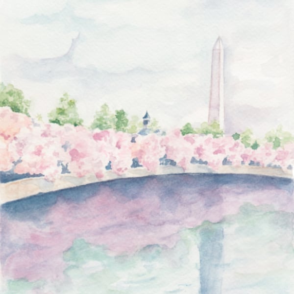 Washington Monument Cherry Blossoms Watercolor Art Print; Hand Painted Wall Art